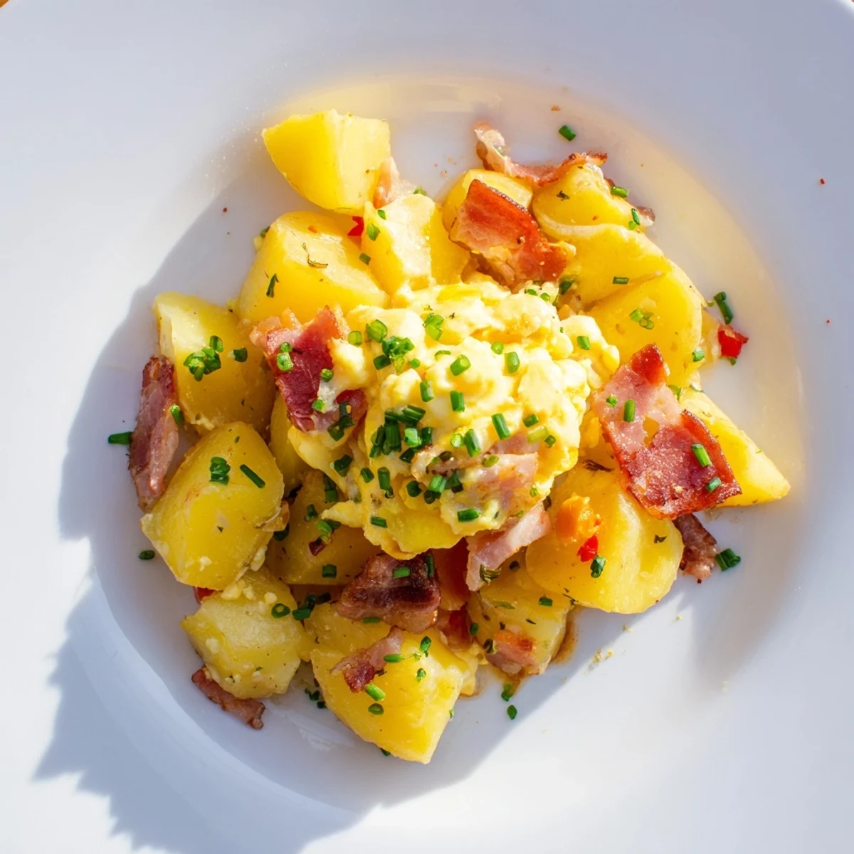 Herzhaftes Bauernfrühstück mit knusprigen Kartoffeln, Eiern und Speck in einer Pfanne.