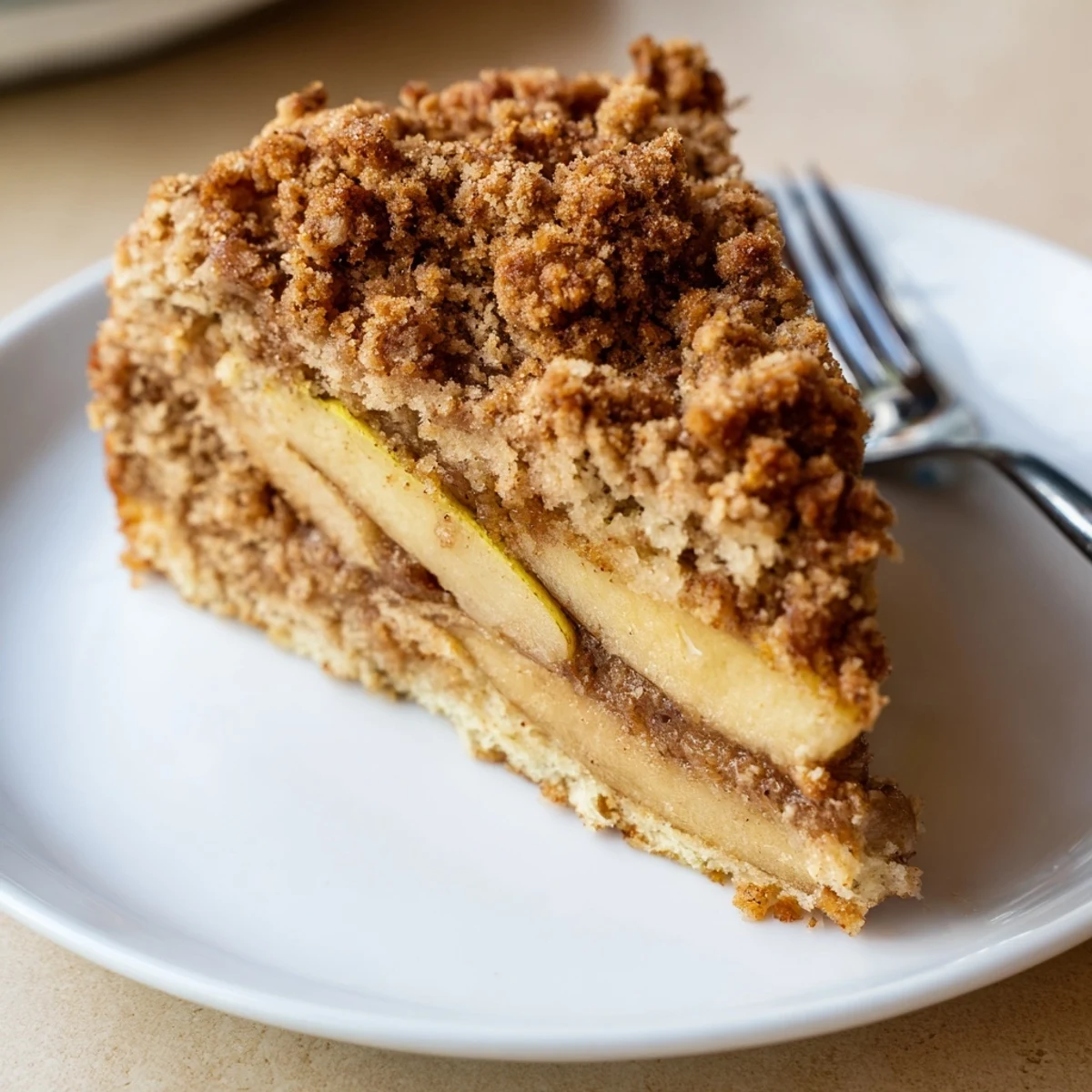 Herzhaftes Stück Apple Streusel Cake, ideal für einen gemütlichen Nachmittagsgenuss.  