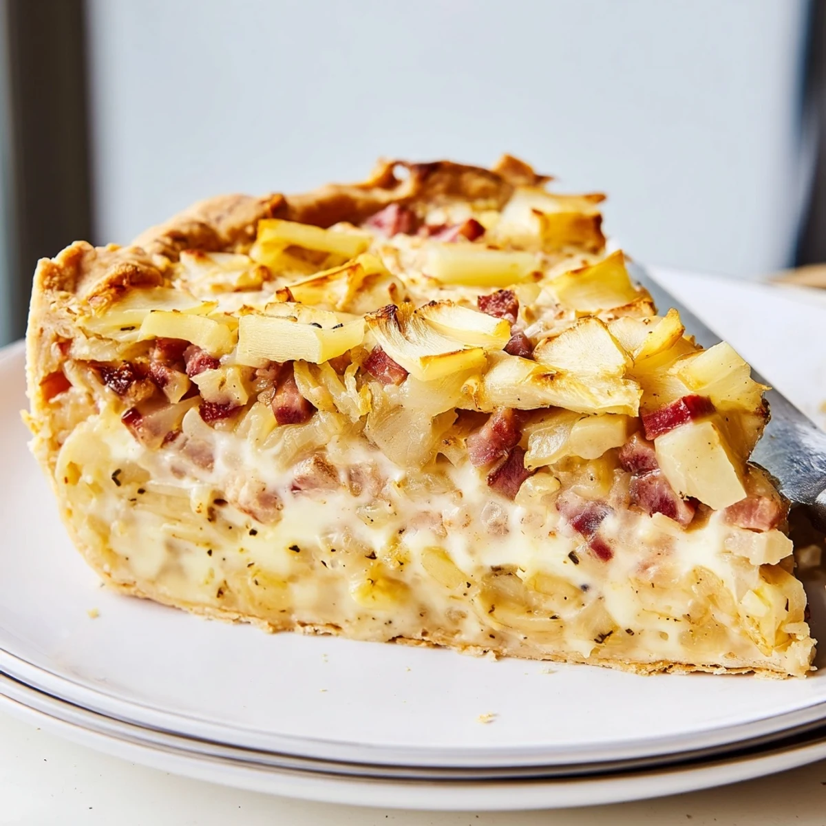 Herzhafter deutscher Zwiebelkuchen serviert warm, ideal zu einem guten Riesling.